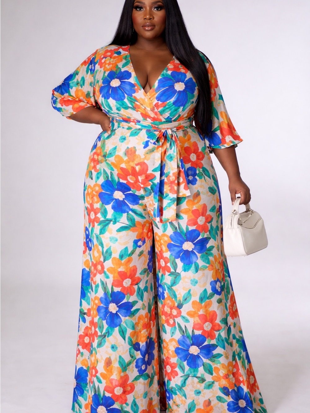 Plus Size Floral Wrap Jumpsuit - Multicolor